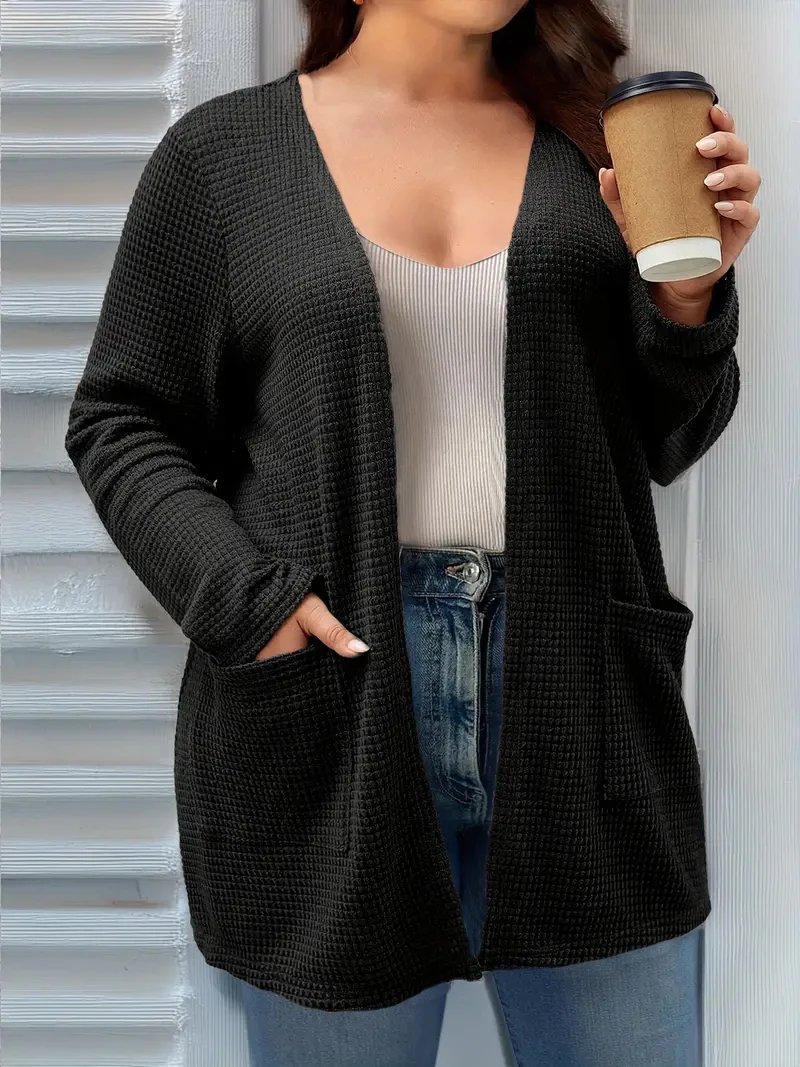 Plus size pure color pocket cardigan coat, casual long-sleeved shirt, suitable for spring and autumn wear, women plus size cloth