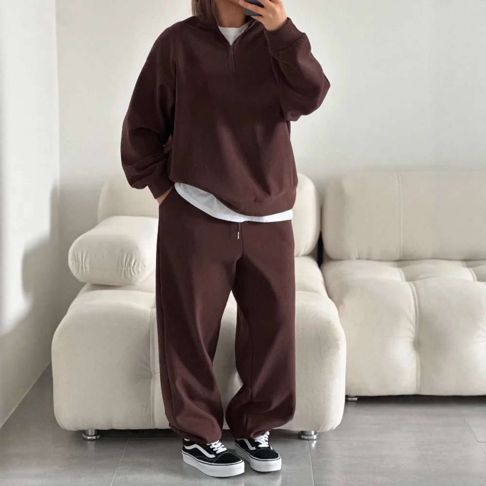 Casual Oversize Tracksuit Half Collar Long Sleeve Tracksuit Drawstring Pants Matching Tracksuit Cotton Comfort Loungewear