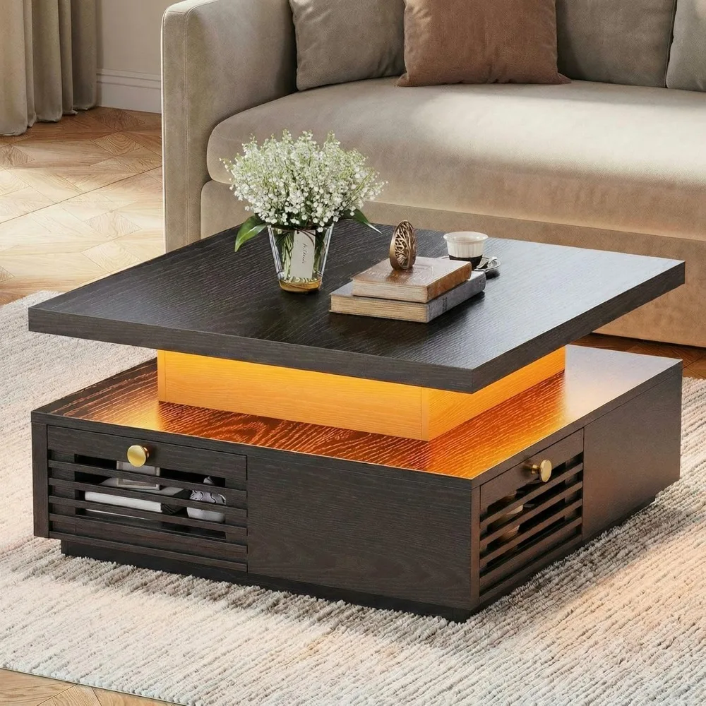 Coffee Table with LED Light and Charging Station, 4 Storage Drawers with Grille Design, Square Coffee Table