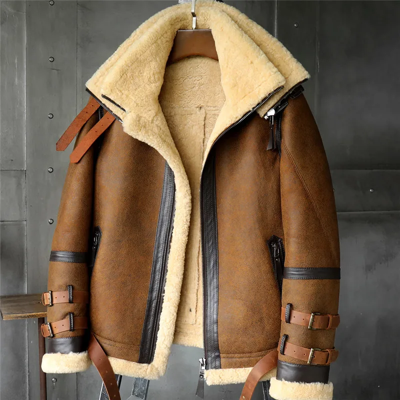 Denny&Dora B3 Men's Sheepskin Shearling Jacket Flight Jacket Imported Wool From Australia Short Leather Jacket