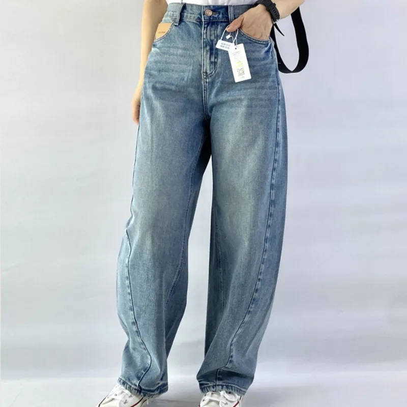2025 Spring Autumn Boyfriend Jeans New 100kg Premium Design Curved Plus Size Women Denim Harem Long Pants 107