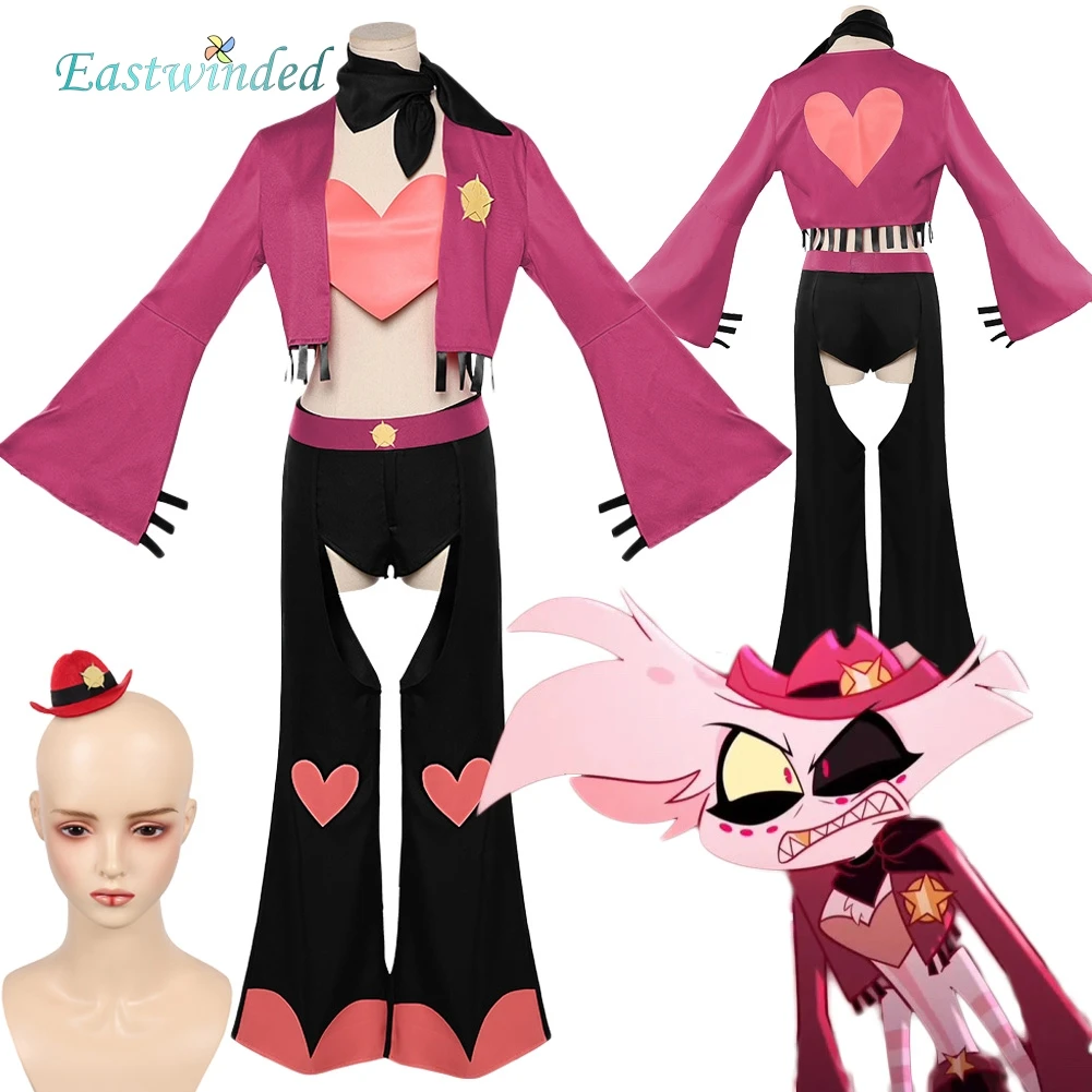 Hell Inn Angel Dust Cosplay Red Jacket Pink Heart Top Pants Red Hat Headwear Coat Costume Set Halloween Carnival Party Clothes