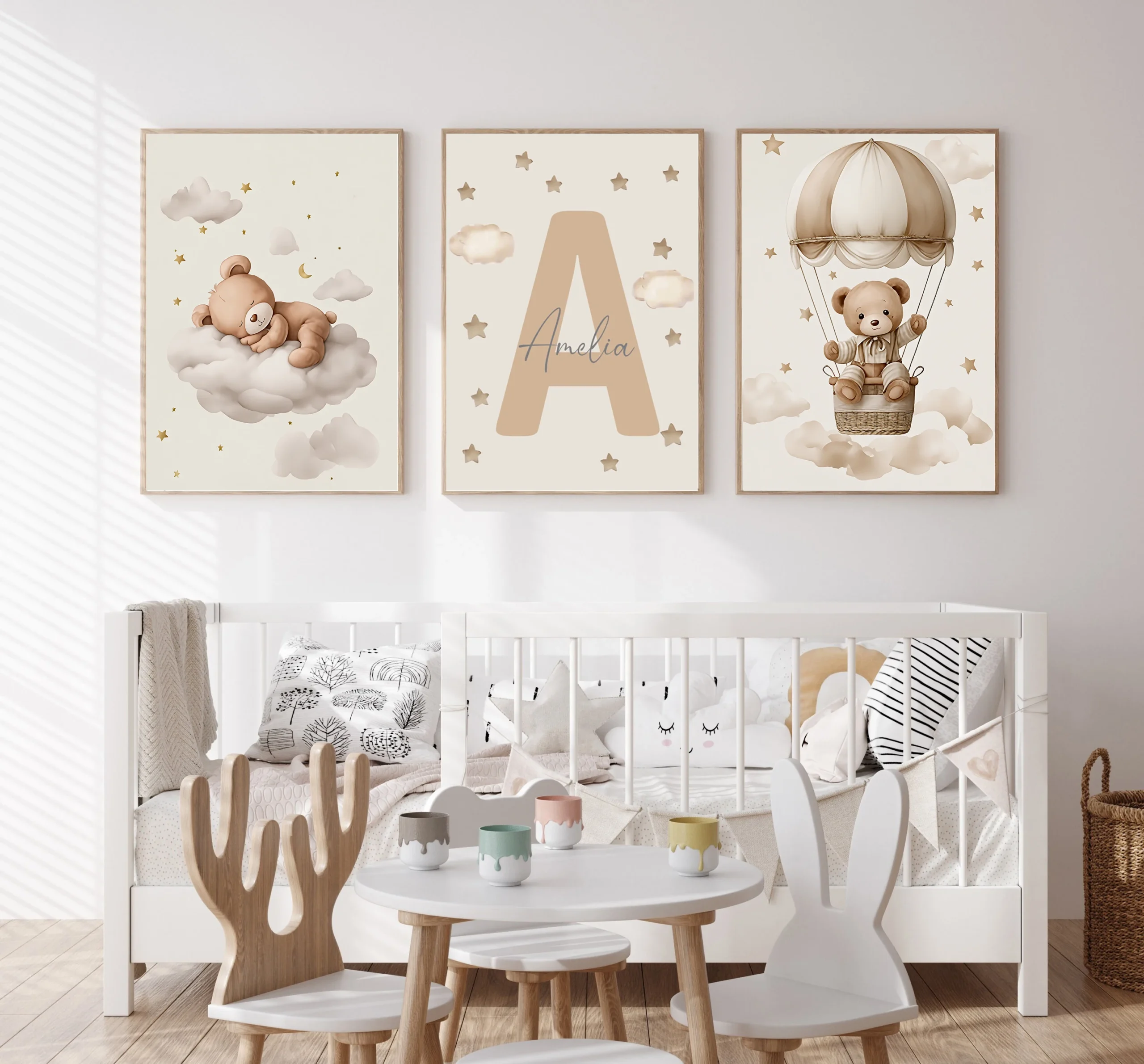 3pcs/set Bohemian Teddy Bear Animal Custom Baby Name Nursery Canvas Poster Star Cloud Birthday Wall Art Print for Home Decor
