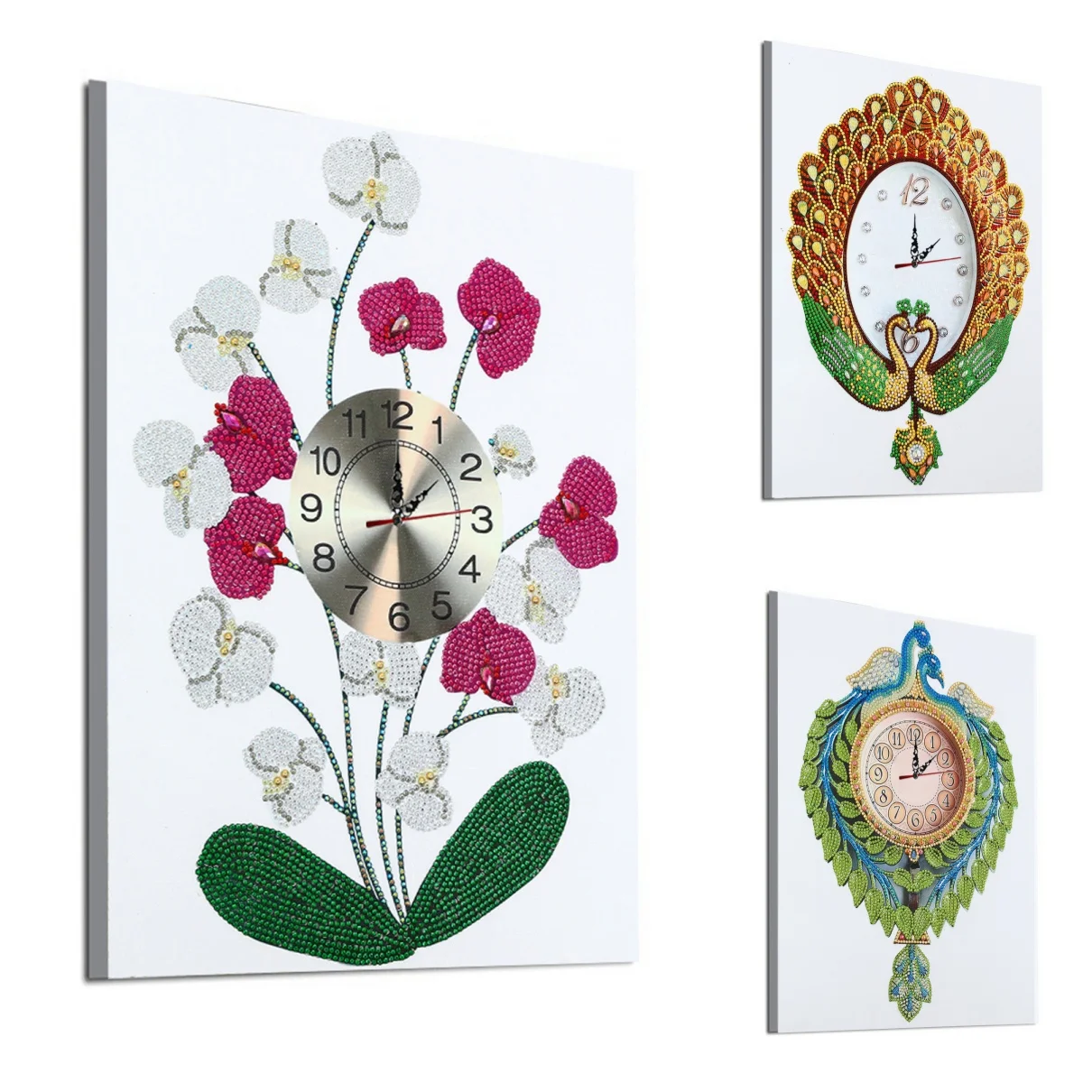 1 set of DIY peacock/flower diamond painting clock, frameless canvas material and sporty wall decoration diamond art clock
