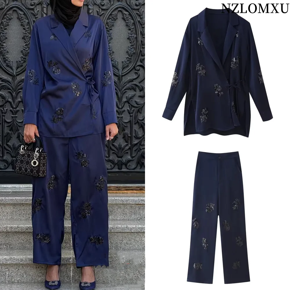 2025 Sequin 2 Piece Sets Women Outfit Glitter Satin Blazer Women's Summer Trouser Suit High Waist Wide Leg Pants Set