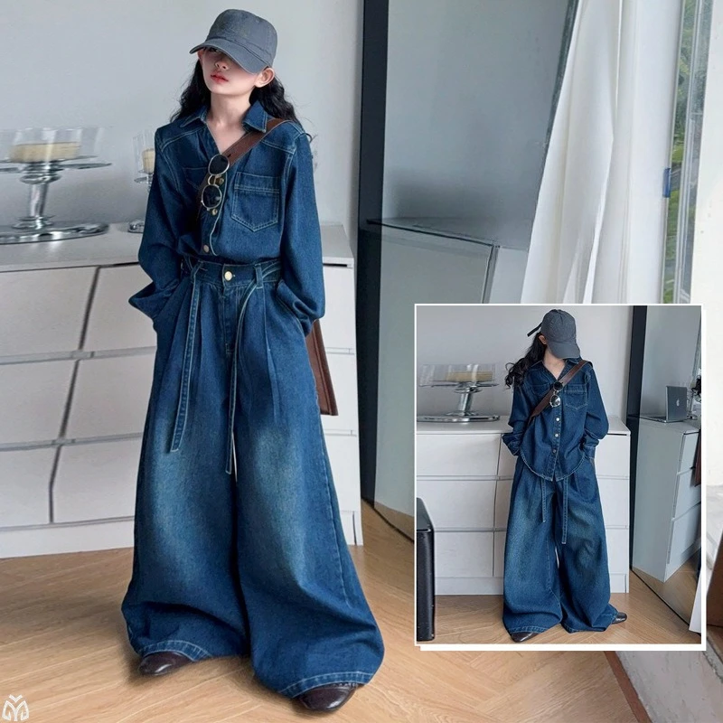 French design teen girls denim clothes suit Irregular denim shirt jacket+wide leg jeans 2pcs junior kid pants suit child outfits