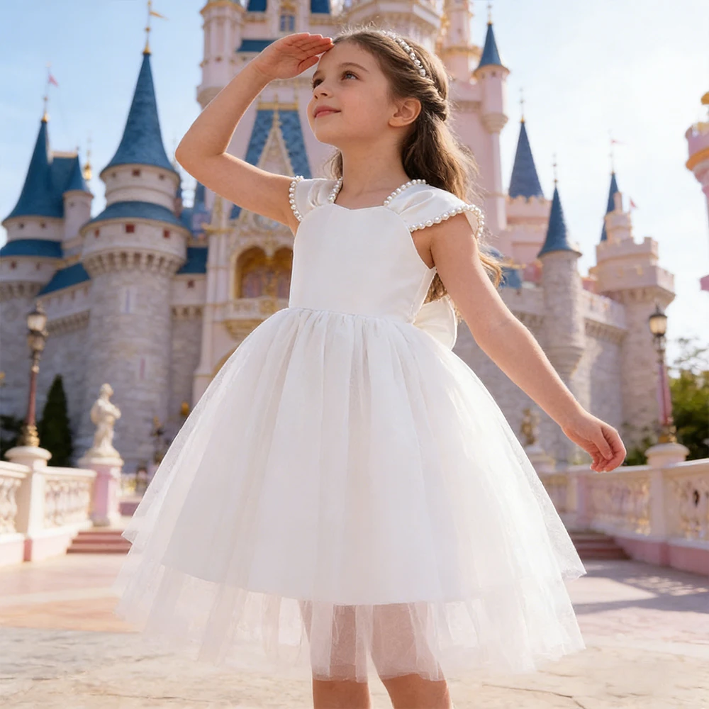 Girls Elegant Ball Gown Formal White Dress for Girl Princess Dress Sleeveless Mesh Evening Dress Kids Bridesmaid Wedding Dress