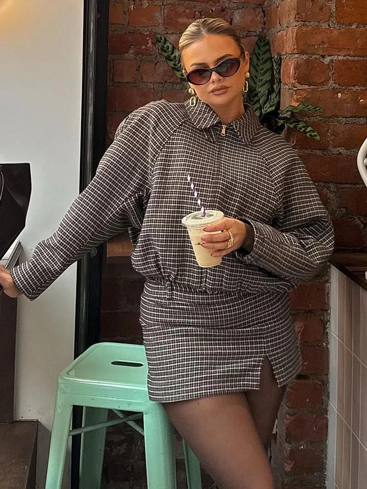 HH Women Winter New Fashion Houndstooth Cotton Coat Long Sleeve Zipper Bomber Jacket+High Waist Casual Belted Culottes Set Mujer