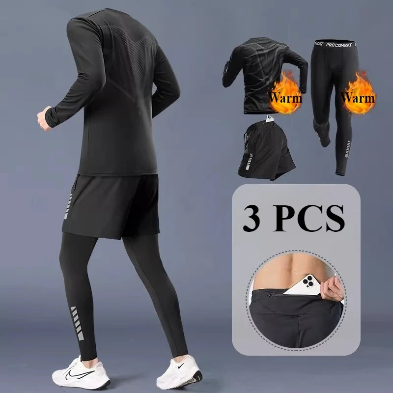 Winter Top Quality 3 PCS Thermal Underwear Men Underwear Running Sets Compression Fleece Sweat Quick Drying Underwear Clothing