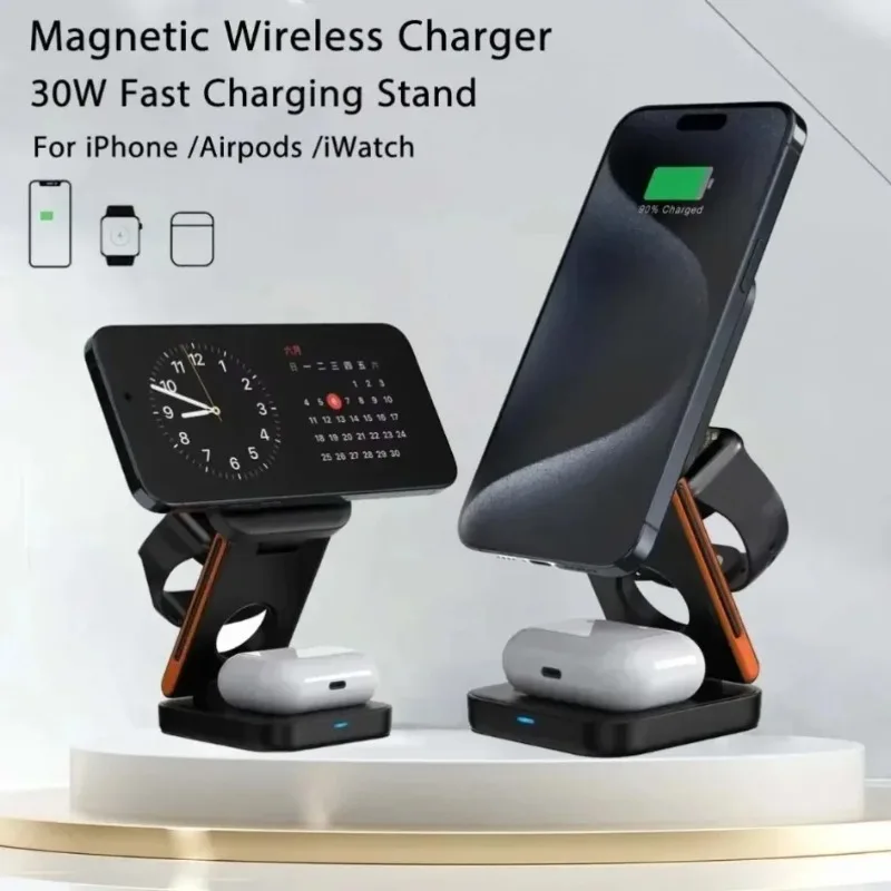 3 in 1 30W Fast Charging Station Foldable Magnetic Wireless Charger for iPhone 17 16 15 14 13 12 Pro Max iWatch 10-2 Airpods