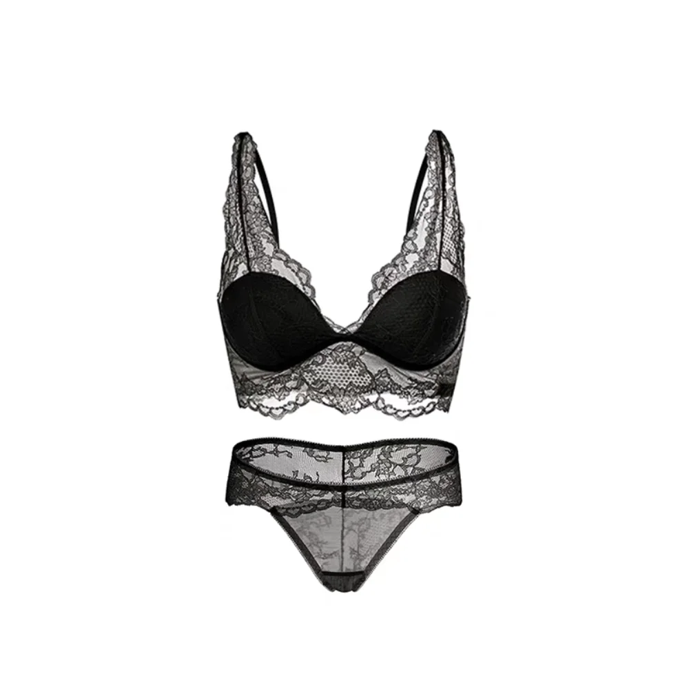 Fashion Wireless Lace Bra Briefs Set Sweet Low Waist Bra Panties Set Mesh Transparent Lingerie Women Underwear Summer