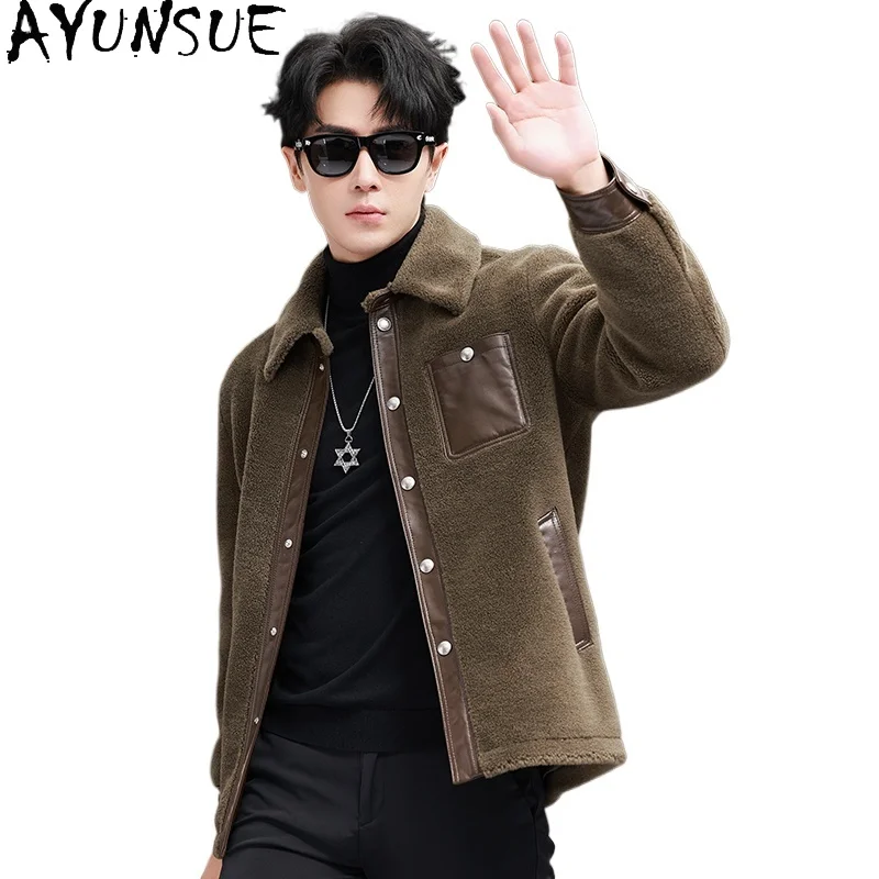 AYUNSUE 100% Wool Coat for Men Winter 2025 Korean Fashion Sheep Shearing Jacket Man Warm Woolen Splice Genuine Leather Outwears