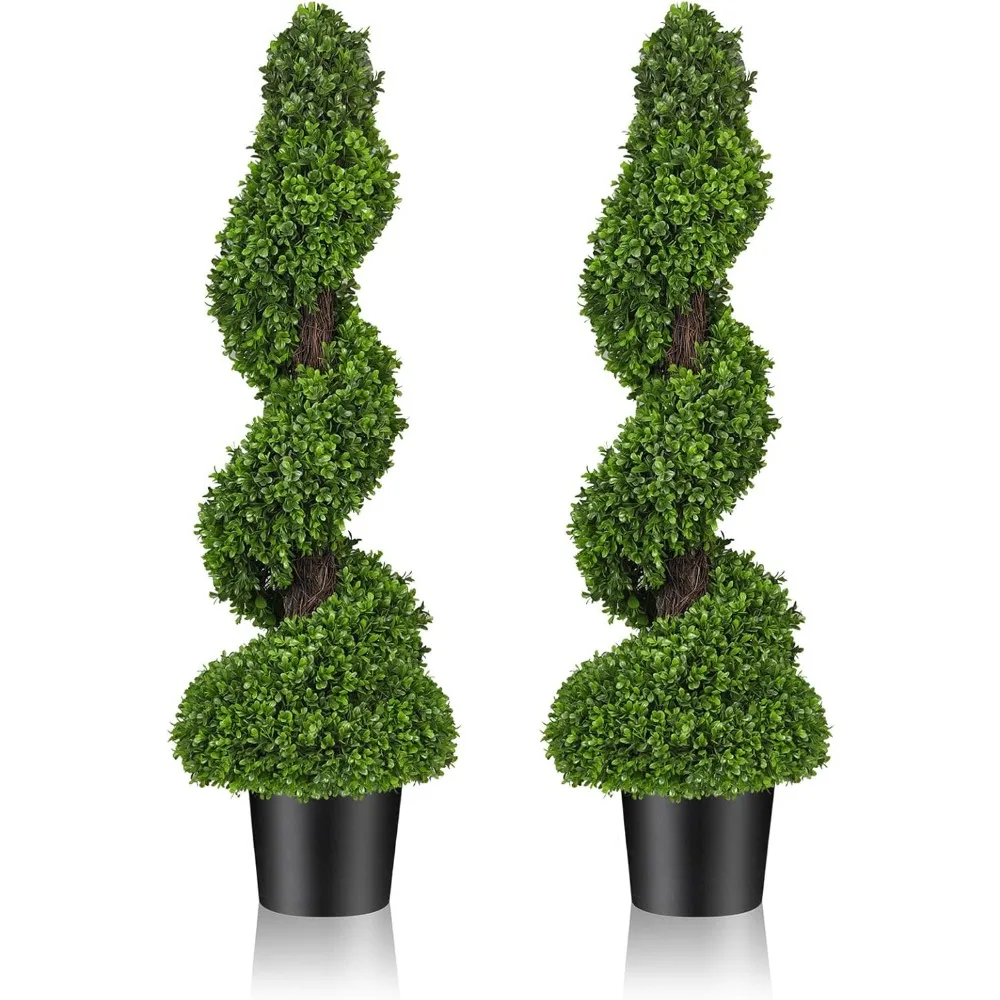 3-Foot Tall Artificial Spiral Boxwood Trees with Ceramic Pots for Outdoor Entrance, Porch, and Garden Decor