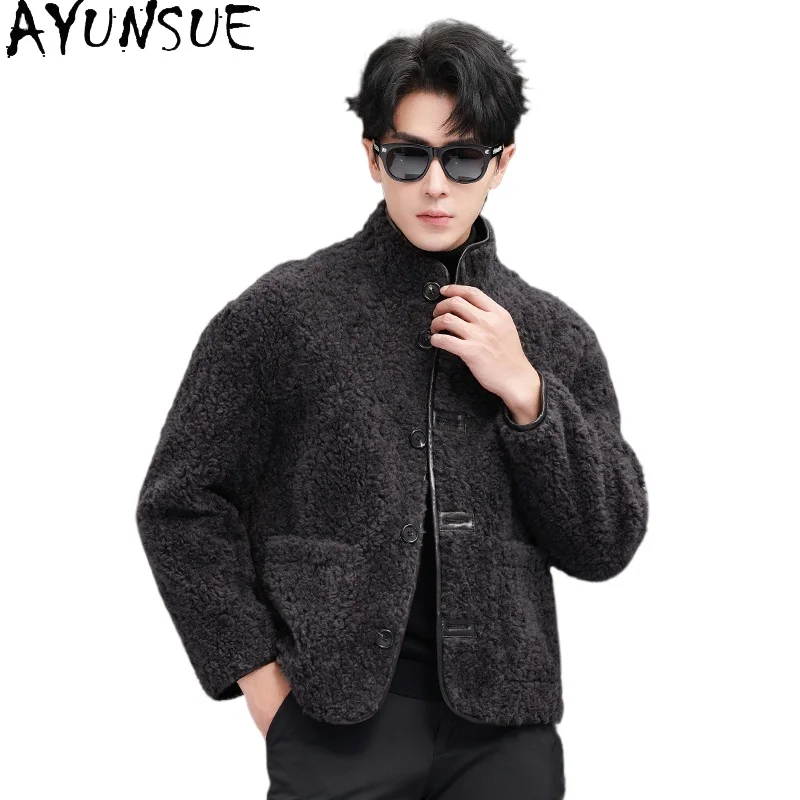 AYUNSUE Fashion Sheep Shearing Jacket Man Winter 100% Wool Coats for Men Loose Real Lamb Wool Fur Coats Single-breated Jackets
