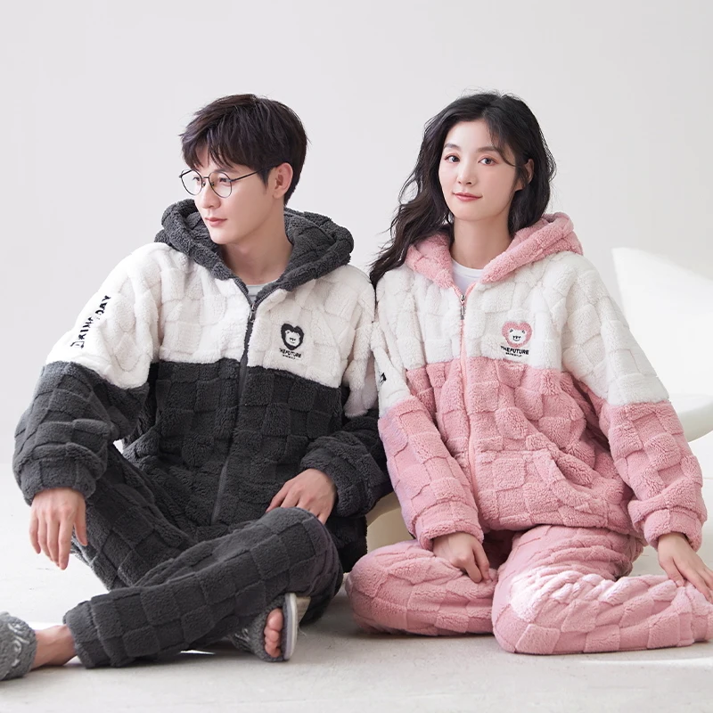 Newest Couple Pajamas Set Winter Women and Men Warm Flannel Pijama Lovers Hooded Solid Sleepwear