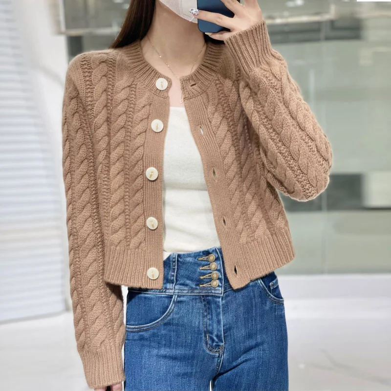  High end Thickened Loose Short Cashmere Knitting Cardigan Women's Spring Autumn O-Neck Sweater Wool Coat Fried Dough Twists