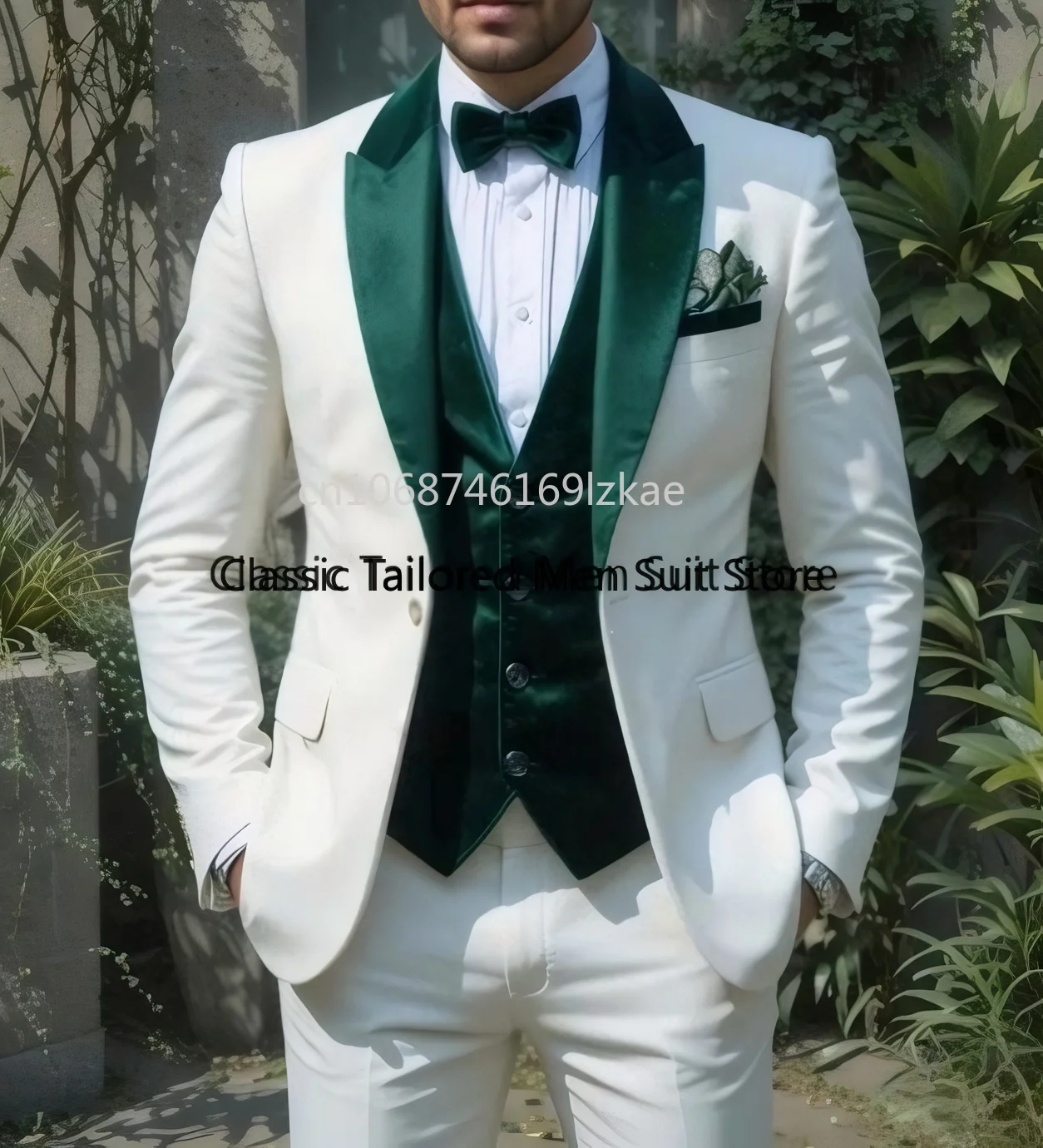 Men's White Green Velvet Three-Piece Suit for Weddings Tailored Suit