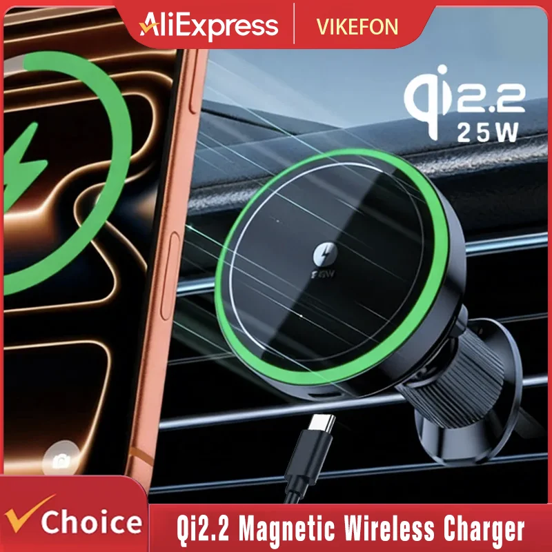 Qi2.2 25W Car Magnetic Wireless Charger Stand With Air-Cooling Fan For Magsafe iPhone 17 16 15 14 13 12 Pro Max Fast Charging