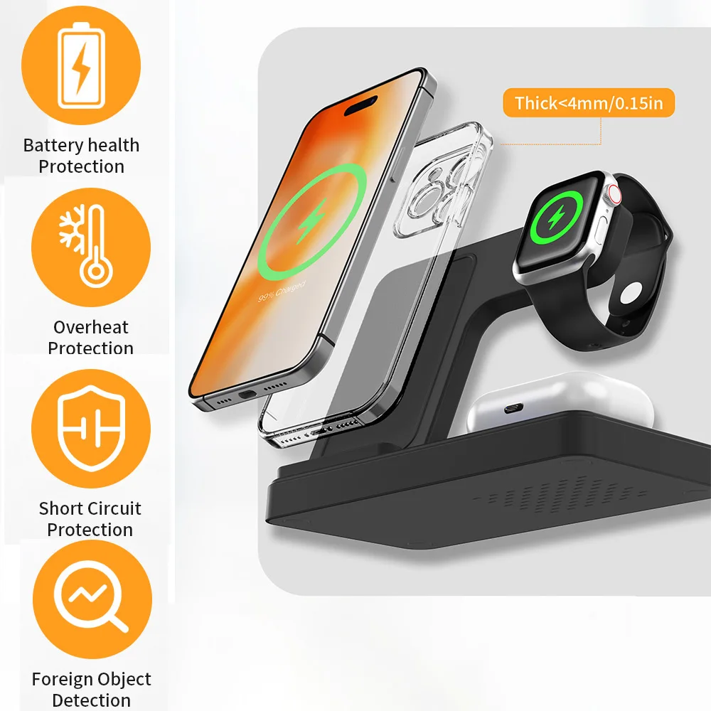 Magnetic Wireless Charger Station 3 in 1 Foldable 18W QC3.0 Multi-Device Fast Charging For IPhone Samsung Airpods IWatch