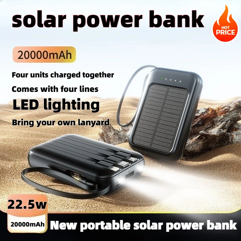 50000mAh Solar Power Bank Super Fast Charging Compact Portable Built-in 4 Cable High Capacity External Battery with Led Light