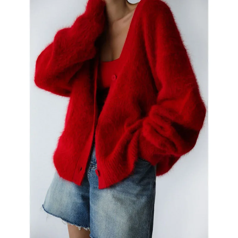 Ladies New Wool Knitted Sweater Cardigan Europe And America 2024 Autumn And Winter Lazy Loose Long-Sleeved V-Neck Sweater Coat