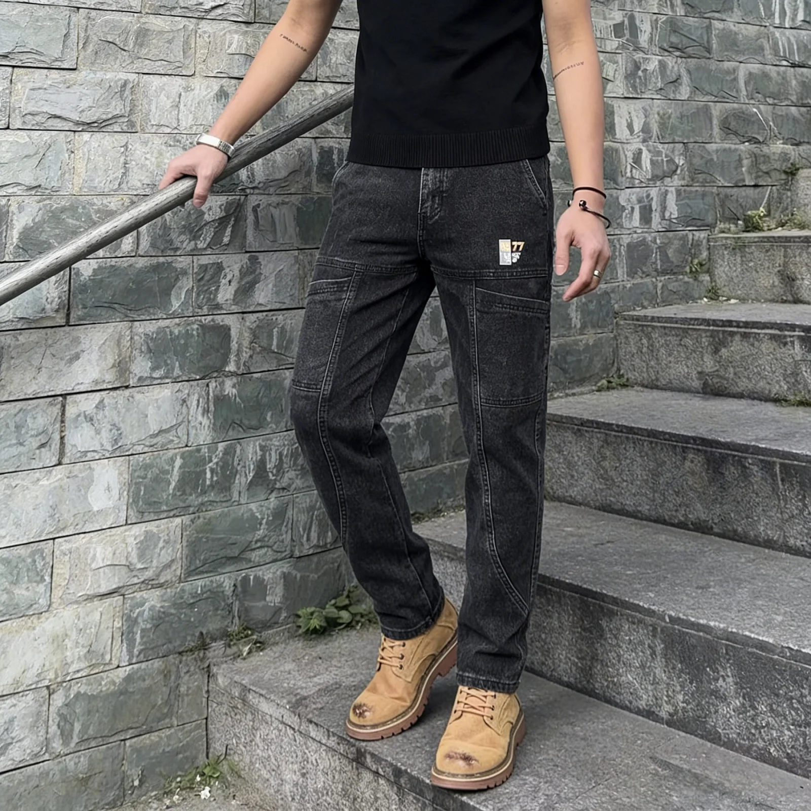 Men's New Six Pocket Design Slim Straight Fit Stretchy Denim Pants American High Street Premium Casual Long Trousers