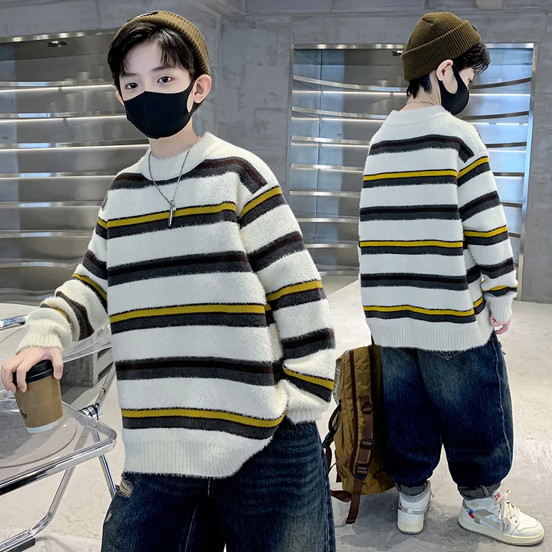 Luxury Children Autumn Mink Cashmere Striped Sweater for Big Boys Fashion Pullover Knitwear Kids Teenager Stylish Knitted Outfit