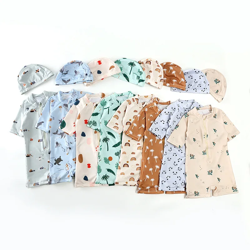 2025 Summer Kids Boys Girls Swimsuits Clothes Vacation Beach Onesie with Hat Toddler Sun-proof Swimwear Sets Surfing Swim Suit