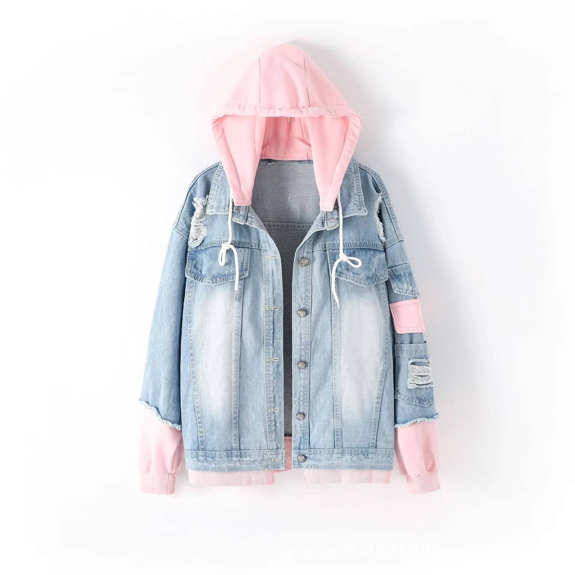 European Style Loose Hooded Panels Denim Jacket Women Spring Autumn Pink Blue Split Joint Jean Jacket Single Breasted Hole Coat