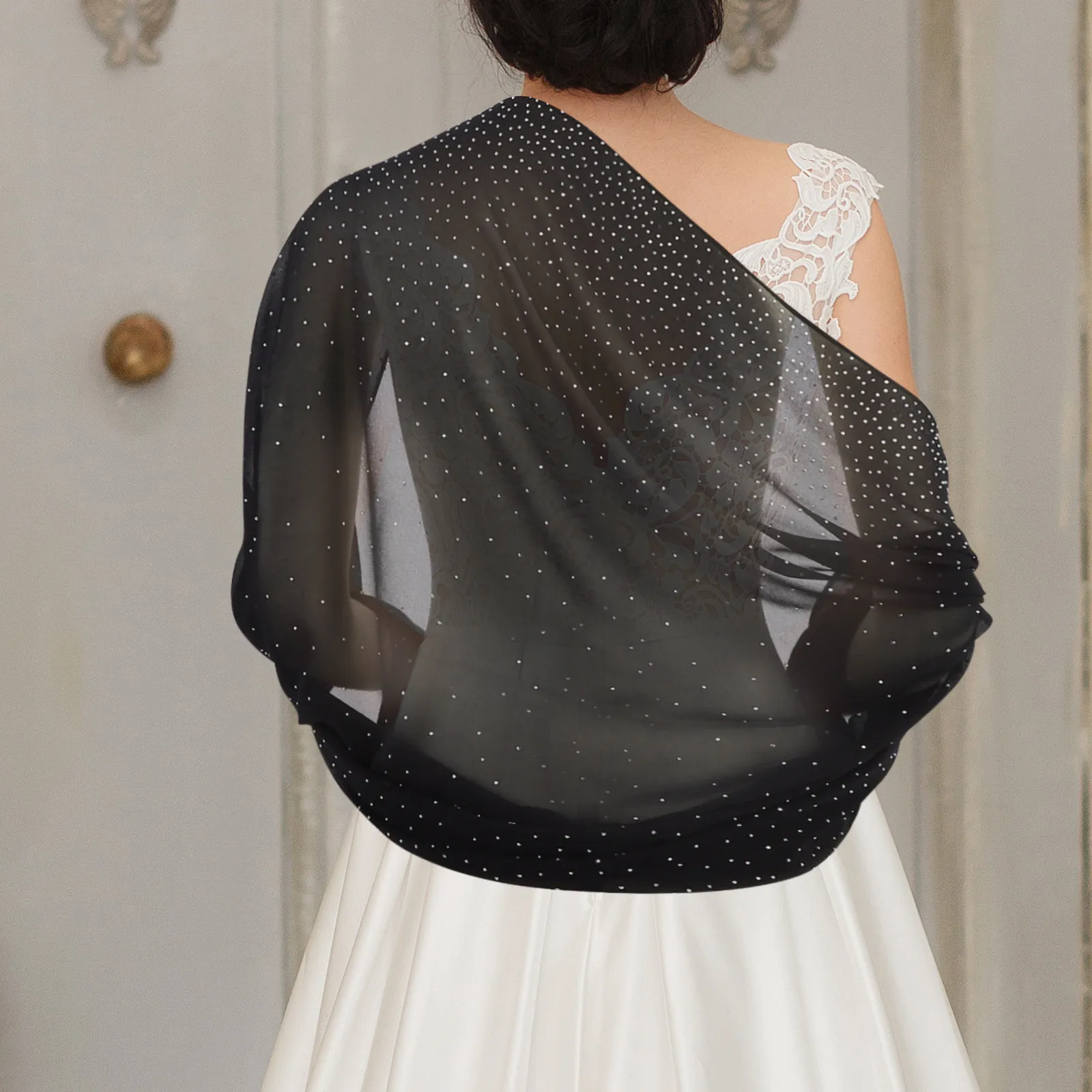 Rhinestone Chiffon Shawl Wrap Sparkly Elegant Dress Cover Formal Shawl for Weddings Evening Parties Events Rhinestone Cape