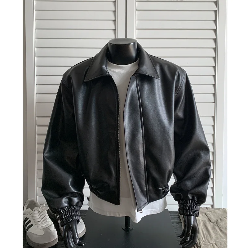 New Autumn Leather Jacket For Men, Trendy Cleanfit Loose Short Style With Shoulder Pads, American Style Leather Jacket For Men