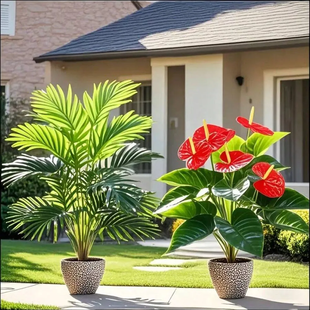2sets Large Artificial Palm Plants and Anthurium Green Cycads Leaf Plastic Shrub Plant for Home Balcony Office Outdoor Decor