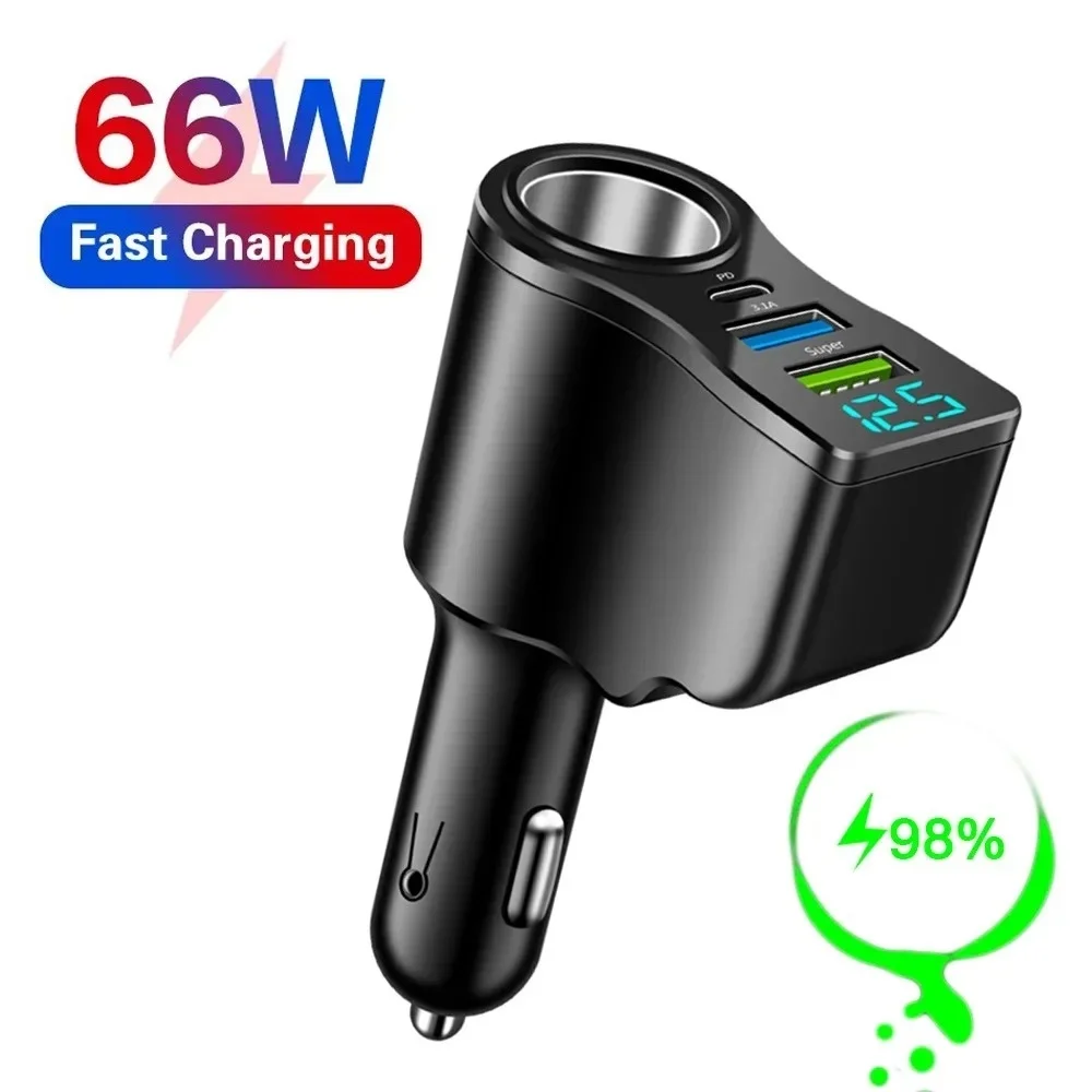 66W 5A Digital Display Car Fast Charger Dual USB Car Charger One to Three Cigarette Lighter Splitter Multifunctional Port Hub