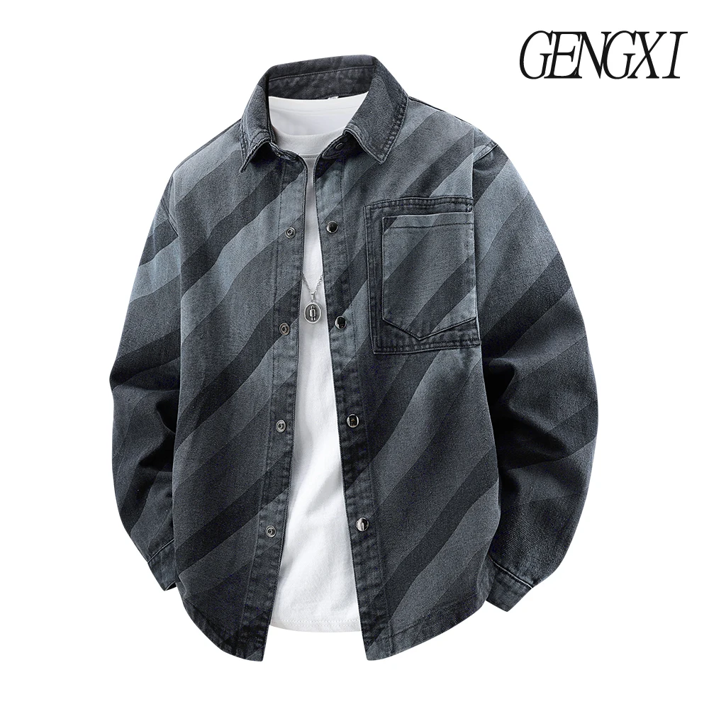 Men's Gradient Striped Design Washed Denim Jacket Autumn/Winter New Single-Breasted Collared Shirt Jacket Vintage Men's Clothing