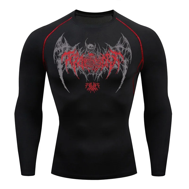 Skull Wings Print Long Sleeve Compression Shirts for Men Gym Workout Running Baselayer Undershirts Spring Fall Athletic Tops