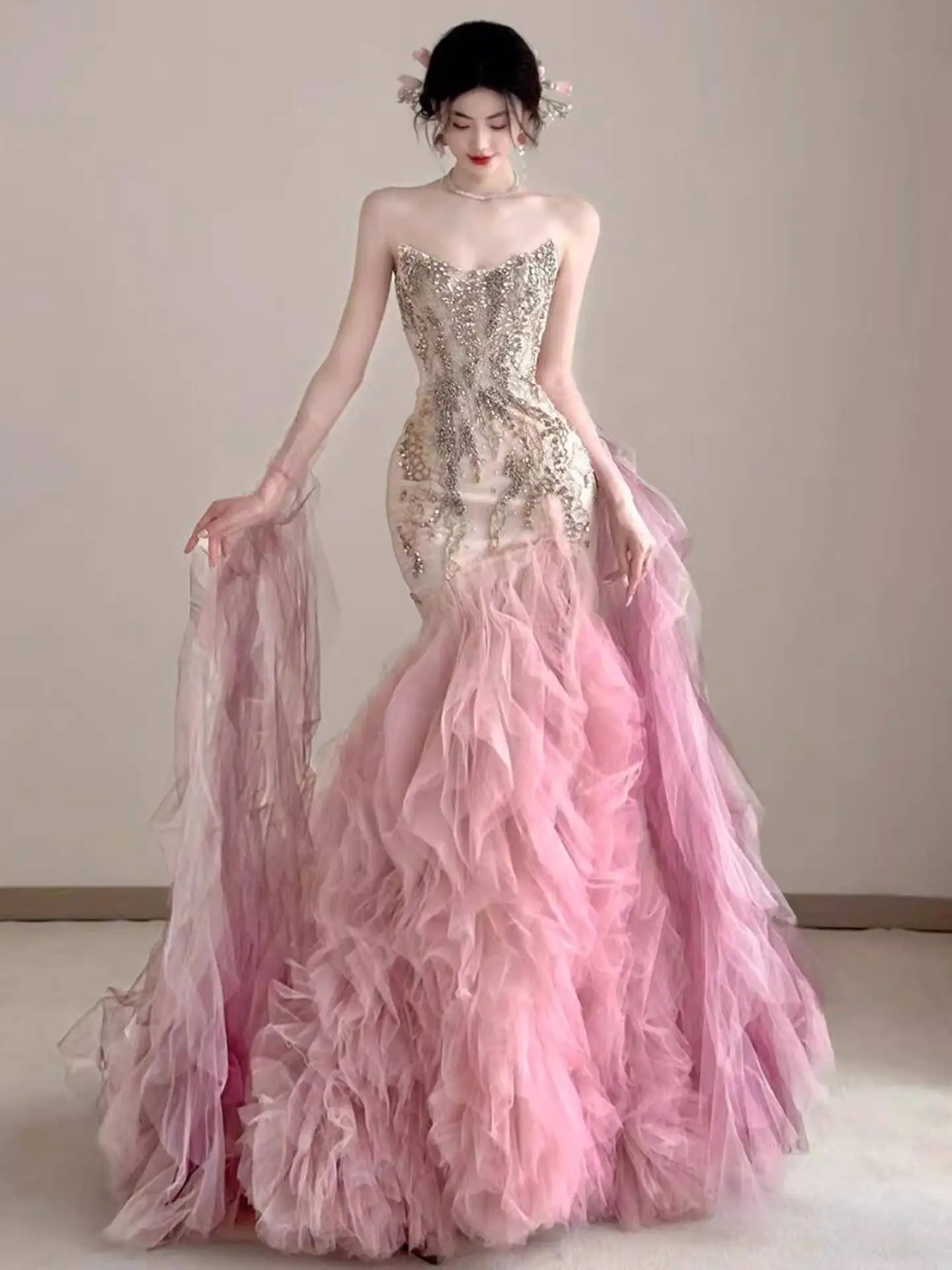 Pink Evening Dress for Women 2025 New High-End Light Luxury Niche Strapless Bridal Engagement Dress Super Fairy Toast Dress