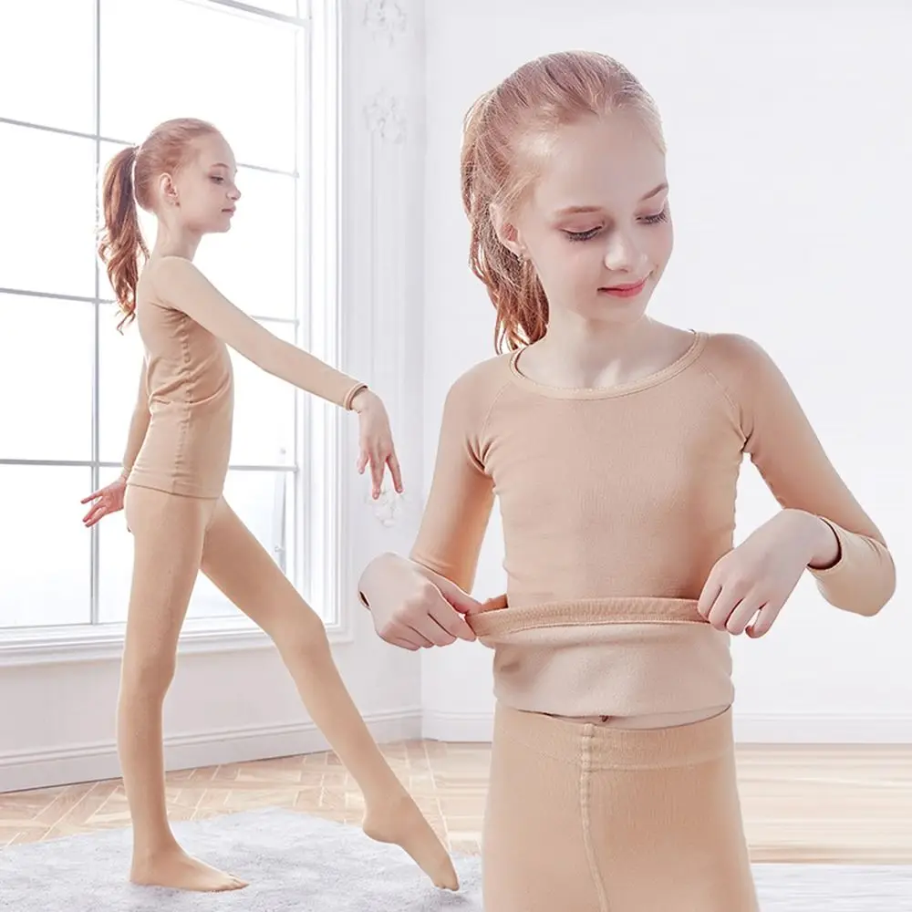 Fashion Winter Kids Thermal Underwear Suits Stretch Nude Color Dance Tights Warm Fleece Ballet Underwear Set