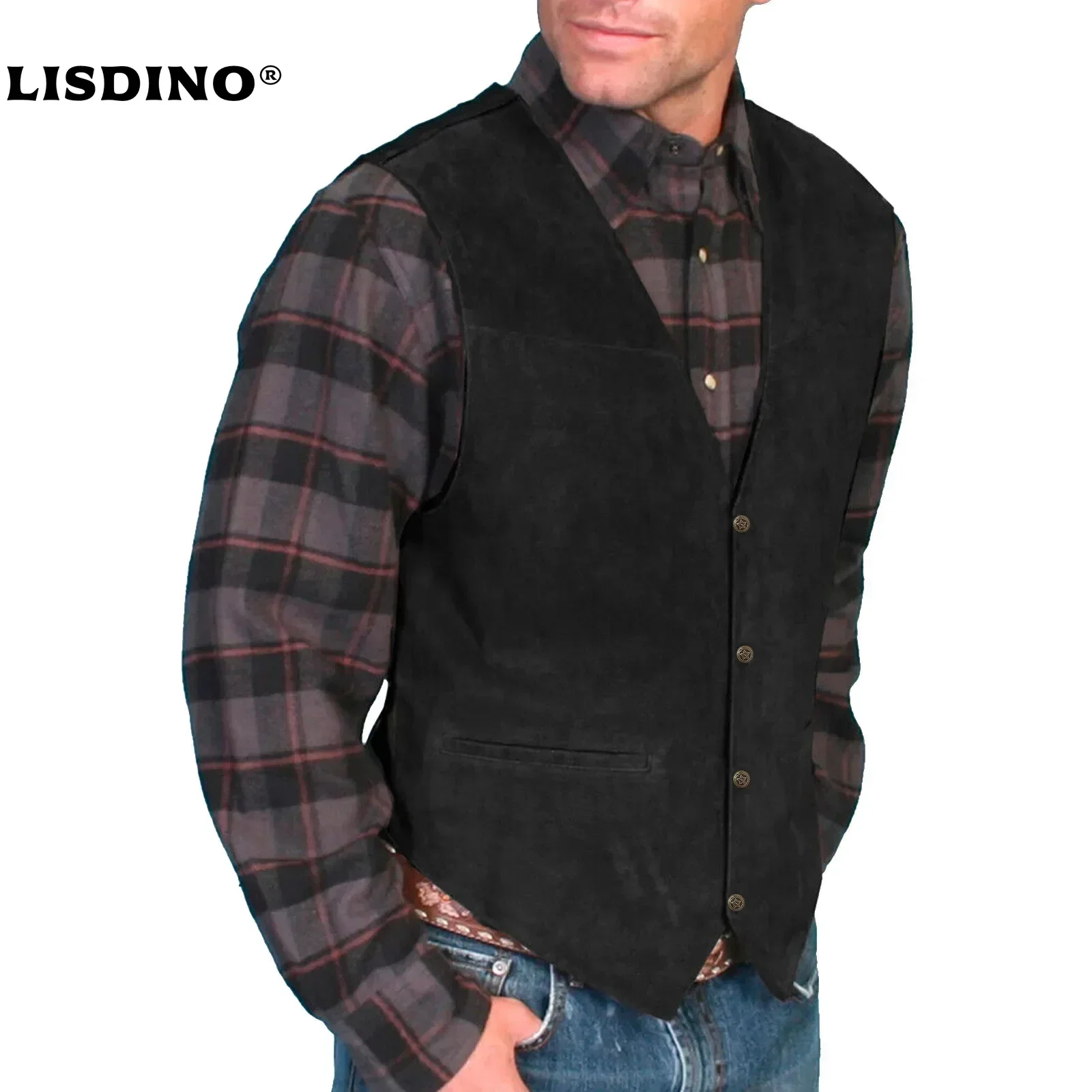 Men'S Leather Vest V Neck Single-Breasted Western Sleeveless Men Waistcoat Motorcycle Biker Leather Jacket Club Chopper Vest