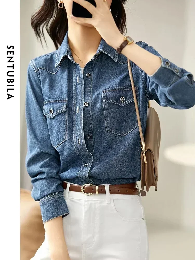 SENTUBILA High Street Denim Shirts Women 2026 Spring Vintage Long Sleeve Shirt Jacket Womens Top Shacket Woman Clothes W23C42718