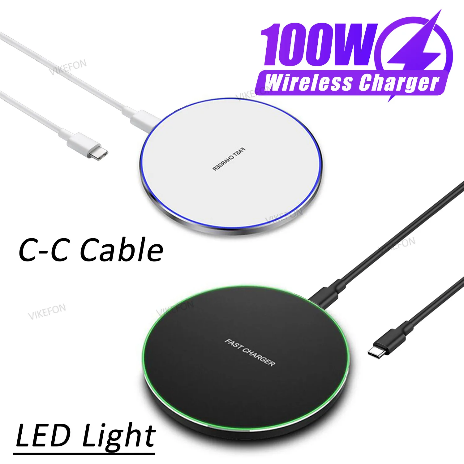 LED Light Wireless Charger Pad Type-C to C Cable For iPhone 17 16 15 14 13 12 11 Pro Max Samsung Xiaomi Fast Charging Station