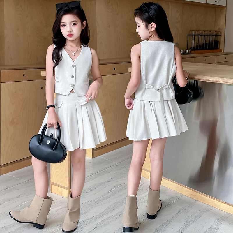 Design teeage girls skirt sets white short vest tops+Pleated skirts 2pcs 8 10 12 14 junior kids suit child Sleeveless outfits