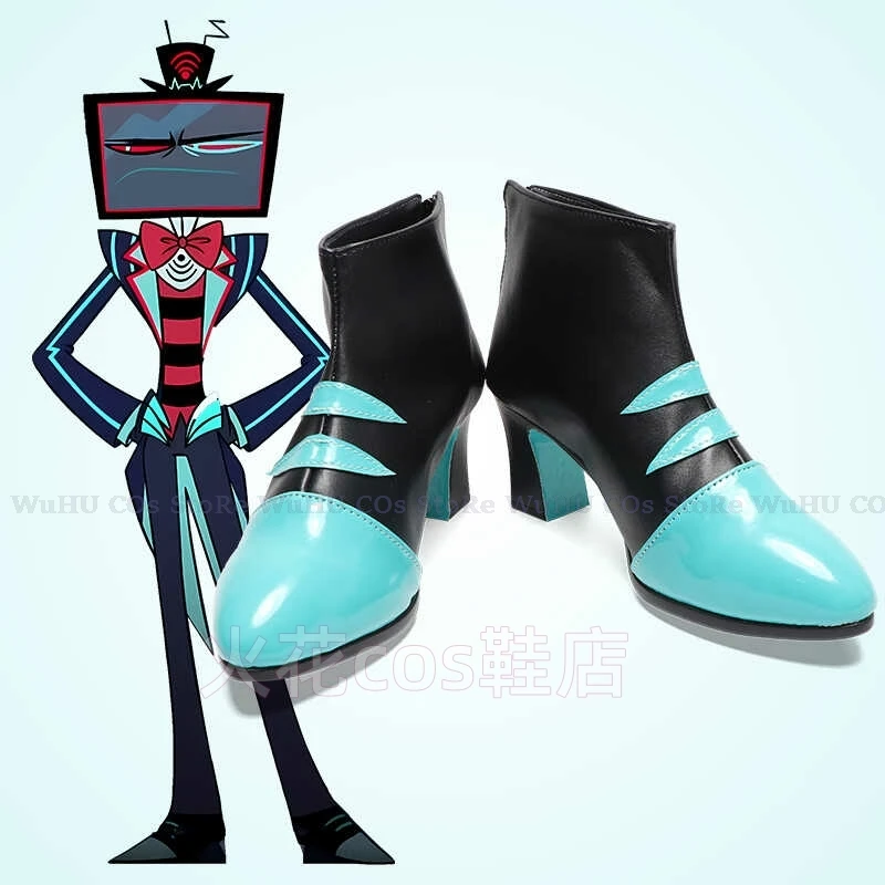 Haubin Lucifer Cosplay Hotel Vox Cosplay Vox Shoes Vox Blue Black Shoes Women Men Leather Boots Black Halloween Cosplay