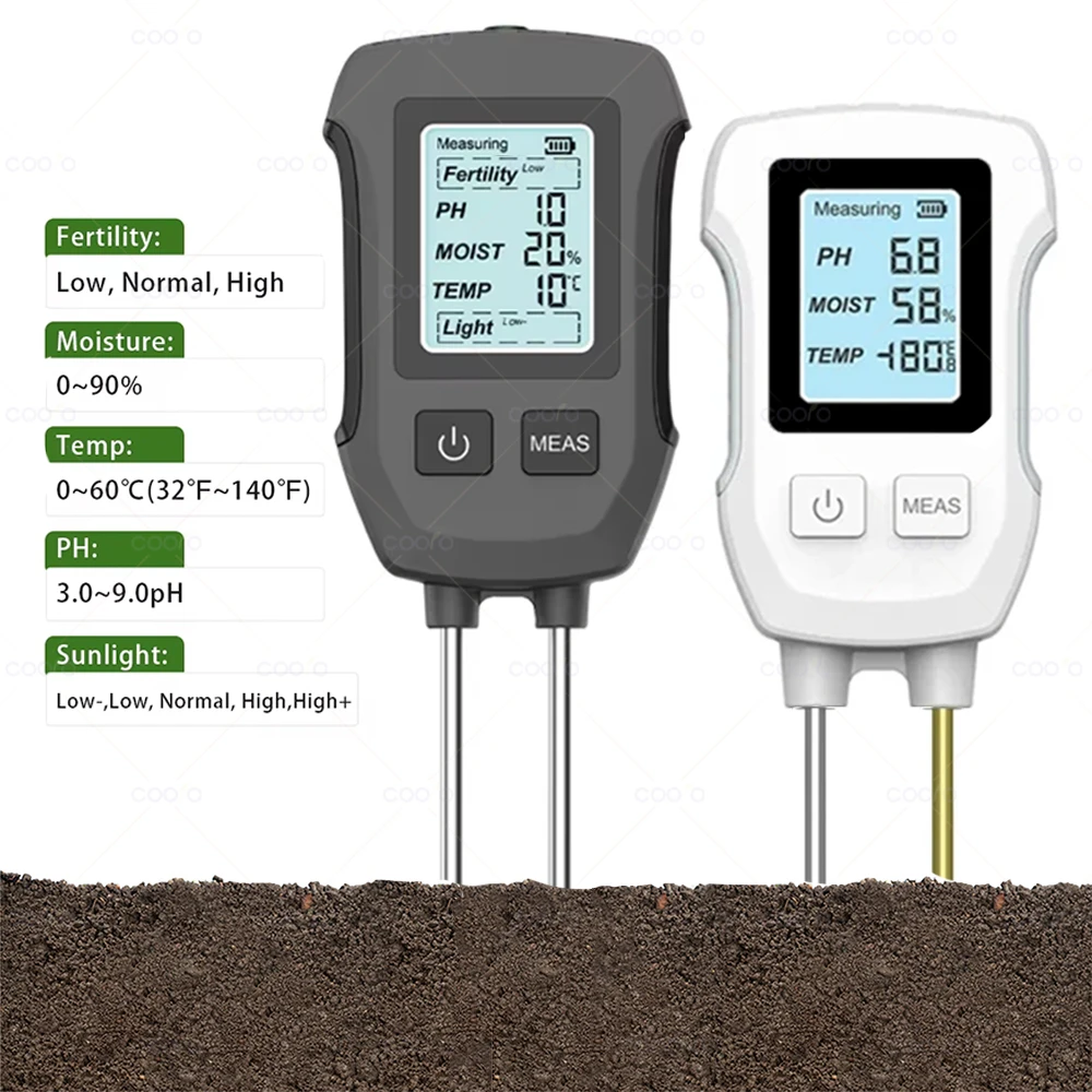 Digital 3/5 in 1 Soil PH Meter Fertility Soil Moisture Sensor Sunlight Temp Tester Monitor Detector Garden Plants Soil Analyzer