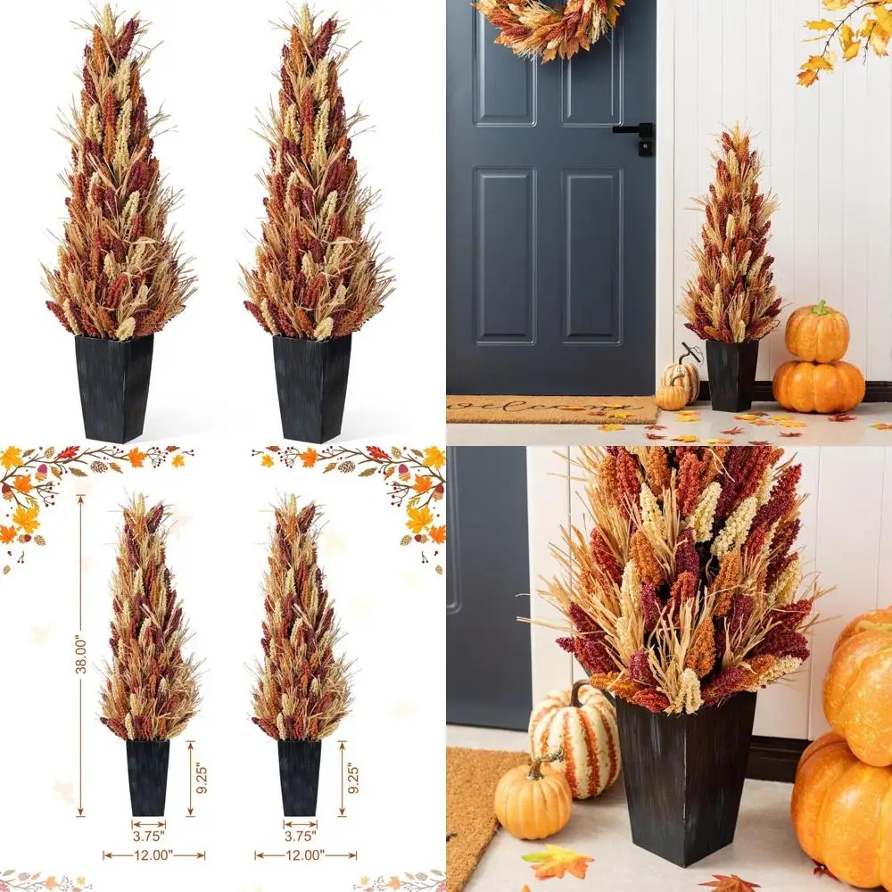 Artificial Sorghum Porch Trees, 38-Inch Tall Fall Harvest Decoration, Black Planters, Suitable for Indoor and Outdoor Seasonal U