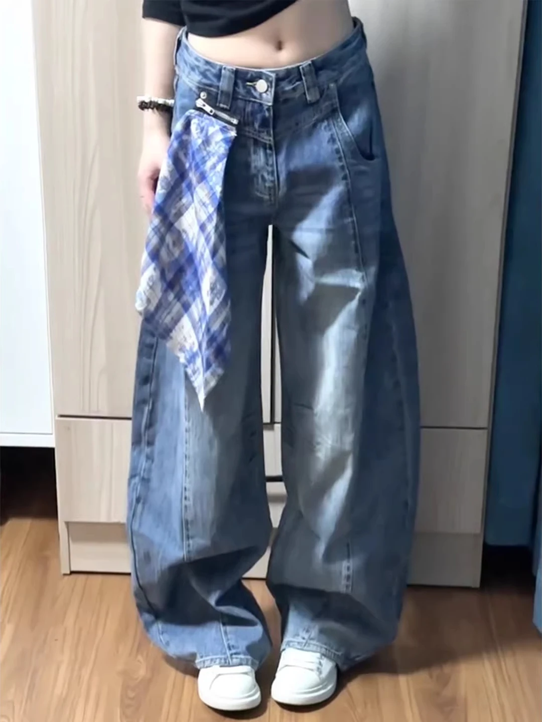 Detachable Scarf High Waist Wide Leg Jeans Men Women Premium Straight Knife Waed Denim Slimming Flared Trousers