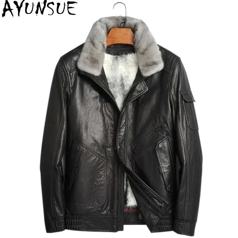 AYUNSUE Mink Fur Jackets Men Pure Cowhide Genuine Leather Jacket Real Leather Natural Fur Coat Man Thick Winter Coats Jaqueta