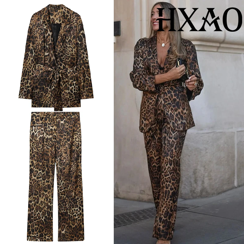 HXAO Leopard Pants Sets 2 Piece Set Vintage Long Blazer Jacket Two Piece Set Autumn Formal Women Pants Suit Belt Women's Set