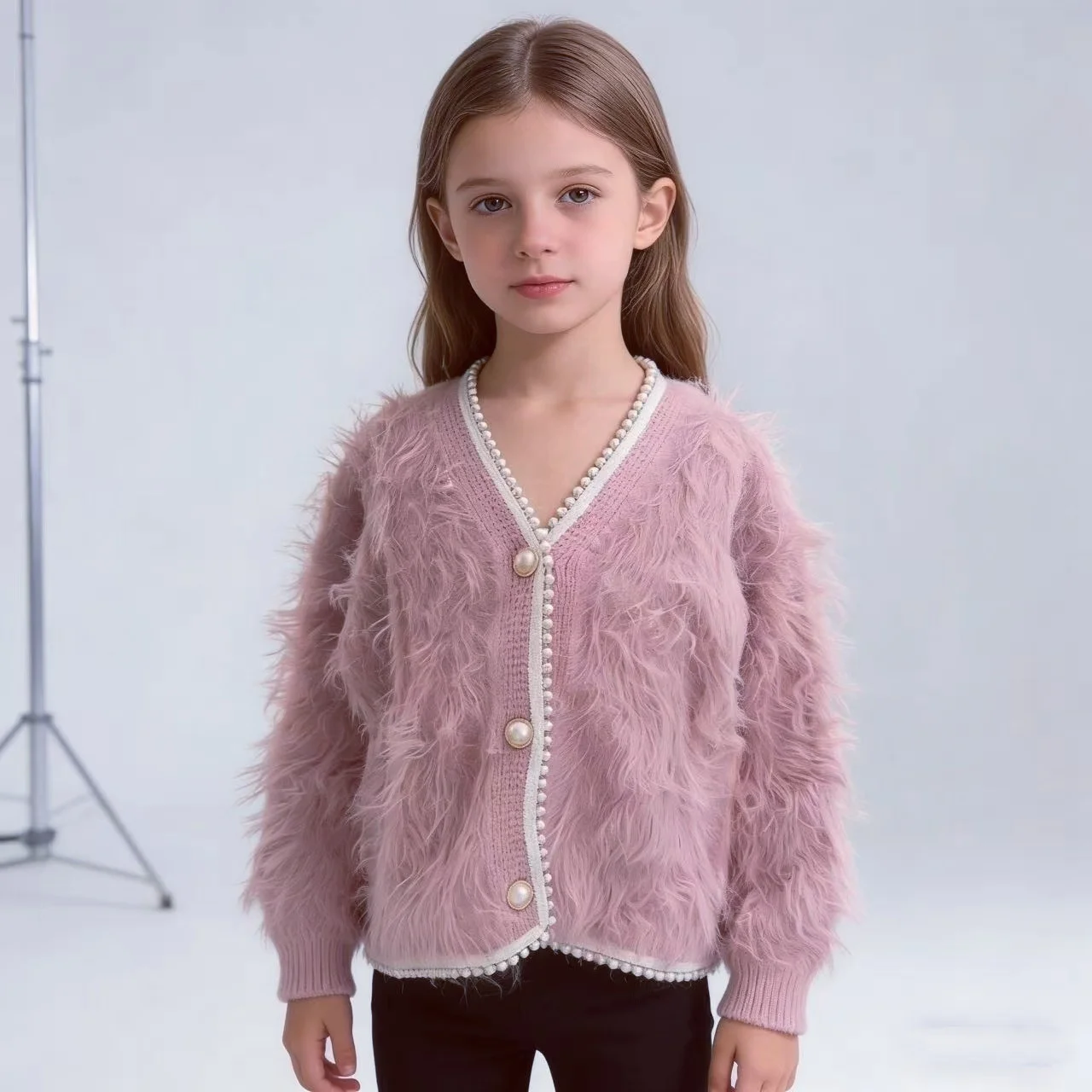 Luxury Fluffy Faux Fur Cardigan For Girls V-neck Pearl Button Knit Sweater Kids Spring Autumn Winter Warm Fashion Outerwear Pink