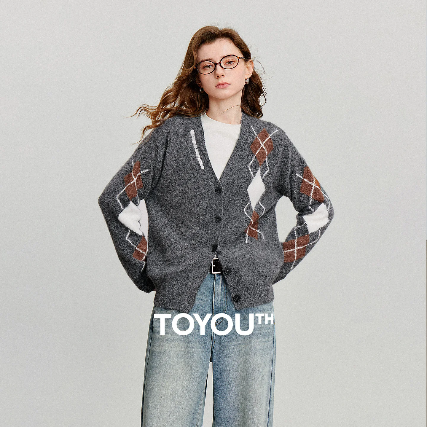 TOYOUTH Women Knitted Sweater 2025 Autumn New Grid Pattern V Neck Single Breasted Button Knitted Cardigan Coat Gray