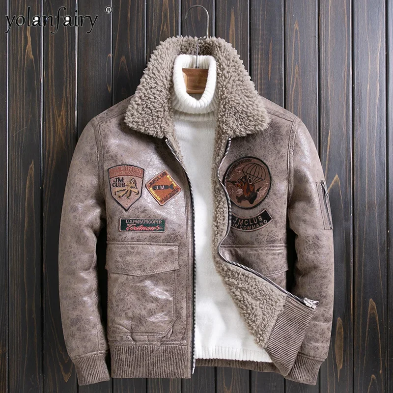 2023 Faux Sheep Fleece Men's Fur Jacket Men Short Flip Collar Wool Fur Coat for Men Motorcycle Air Force Jackets Casacas FCY